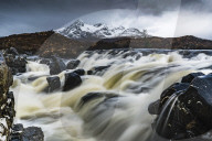 View to the Black Cuillin across the Allt Dearg Mor river, Sligachan, Isle of Skye, Inner Hebrides, Highland, Scotland.