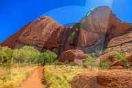 Red sand path and bush vegetation in winter season at southern face of Ayers Rock along Uluru Base Walk in Uluru-Kata Tjuta National Park, Northern Territory, Red Centre, Australia.