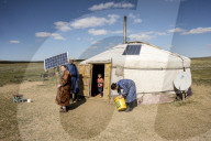 Nomadic herders' ger camp on Steppes grasslands of Mongolia