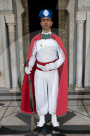Soldier standing guard in traditional dress, Mausoleum of Mohamed V, Rabat, Morocco,