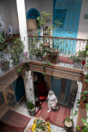Interior gallery of traditional Moroccan house or riad, Chefchaouen, known as the Blue City, set in the Rif Mountains, Morocco