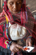 Local female weaver mixing cochineal dye from insects, the definitive red used, Chumbe Community, Lamay, Sacred Valley, Peru