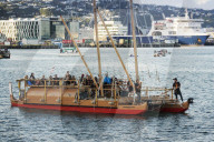 Twin hulled waka (Maori Canoe) Ngahiraka Mai Tawhiti, 2018 Waka Odyssey, Wellington waterfront, New Zealand