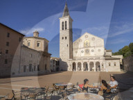 Cafe in the square, Santa Maria Assunta Cathedral, Spoleto, Umbria, Italy