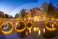 Illuminated bridges and reflections at night, Keizersgracht and Leilesgracht canals, Amsterdam, Netherlands, Holland, EU, Europe