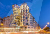 Dancing House or Ginger and Fred at night by Frank Gehry, busy traffic light trails, Prague, Bohemia, Czech Republic, EU, Europe