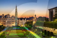 Brussels Skyline or Cityscape at Sunset night, Mont des Arts Floodlit Garden Brussels Belgium EU Europe