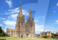 Lichfield cathedral west front with carvings of St Chad Saxon and Norman kings Lichfield Staffordshire England UK GB Europe