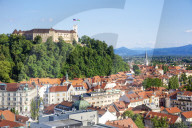 Ljubljana skyline with view of the city and Ljubljana castle complex on Castle Hill Ljubljana Slovenia EU Europe