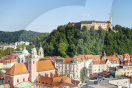 Ljubljana skyline with view of the city and Ljubljana castle complex on Castle Hill Ljubljana Slovenia EU Europe