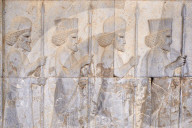 Iran, Fars Province, Persepolis, World Heritage of the UNESCO, staircases of Apadana, releif of the warriors