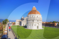 Baptistery and Cathedral view from Pisa defensive walls, Campo dei Miracoli, Pisa, Tuscany, Italy, Europe