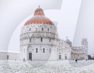 Baptistery, Cathedral and Leaning Tower in a snowy day, Pisa, Tuscany, Italy, Europe