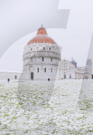 Baptistery, Cathedral and Leaning Tower in a snowy day, Pisa, Tuscany, Italy, Europe