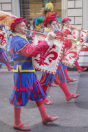 Participants in the Explosion of the Cart festival marching through Florence in historical costumes, Florence, Tuscany, Italy,