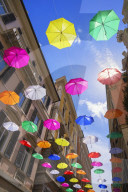 Brightly coloured floating umbrellas, Genoa, Liguria, Italy, Europe