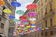 Brightly coloured floating umbrellas, Genoa, Liguria, Italy, Europe