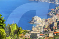 Elevated view of Camogli and Gulf of Paradise, Camogli, Liguria, Italy, Europe