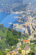 Elevated view of Camogli and Gulf of Paradise, Camogli, Liguria, Italy, Europe