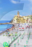 Old church and beach view, Camogli, Liguria, Italy, Europe