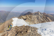 Central Asia, Kyrgyzstan, Bishkek, Ala Archa National Park, hikers on Mt Uchityel