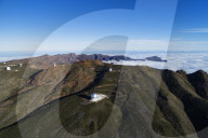 Europe, Spain, Canary Islands, La Palma, Unesco Biosphere site, aerial view of telescope observatory near National Park Caldera de Taburiente