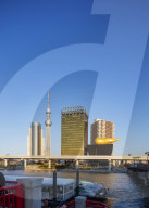 Asia, Japan, Tokyo, Asakusa, Tokyo Sky Tree Tower and Asahi beer Golden Flame (aka Golden Turd)
