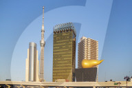 Asia, Japan, Tokyo, Asakusa, Tokyo Sky Tree Tower and Asahi beer Golden Flame (aka Golden Turd)