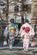 Asia, Japan, Tokyo, Asakusa, Sensoji temple, women wearing kimono