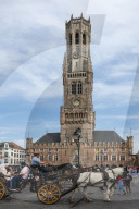 Belfry 13th Cent Medieval, Market Square, Horse drawn Carraige, Brugge, West Flanders, Belgium, Europe, EU