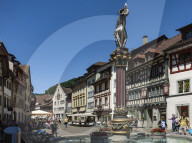 Street scene, fountain with Historic Market Cross, Stein am Rhein, Canton of Schaffhausen, Switzerland, Europe