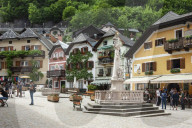 16th Cent Hallstatt, the Town Square, on shore of Lake Hallstattersee, in Salzkammergut region of Austria, Europe, EU