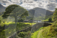 Idyllic countryside and farmhouse, Little Langdale, Lake District National Park, Cumbria, England. Autumn (September) 2018.