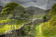 Idyllic farm and countryside view with dry stone wall in the Langdale Valley, Lake District National Park, Cumbria, England. Autumn (September) 2018.