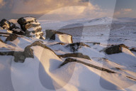 Winter snow at Rowtor in Dartmoor National Park, Devon, England. Winter (February) 2019.