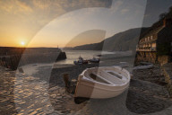 Sunrise over Clovelly Harbour, Devon, England. Spring (April) 2019.