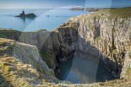 Spectacular cliff top scenery on the Pembrokeshire Coast National Park, Bosherton, Pembrokeshire, Wales. Spring (March) 2019.