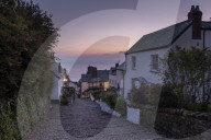 Cobbled village lane at dawn, Clovelly, Devon, England. Spring (April) 2019.