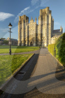 Wells Cathedral in evening sunlight, Wells, Somerset, England. Spring (May) 2019.
