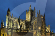 Bath Abbey illuminated at night, Bath, Somerset, England. Summer (June) 2019.
