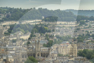 Aerial vista over Bath from Alexandra Park, Bath, Somerset. Summer (July) 2019.