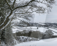 Snow covered Dartmoor countryside near South Tawton, Devon, England. Winter (March) 2018.