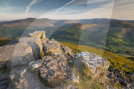 Vista from the summit of the Sugarloaf, Brecon Beacons National Park, Monmouthshire, Wales. Spring (May) 2019.
