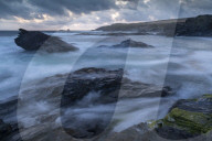 Stormy evening at Boobys Bay on the North Coast of Cornwall, England. Summer (August) 2019.