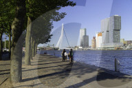 People cycling along Nieuwe Maas River, Rotterdam, Zuid Holland, Netherlands