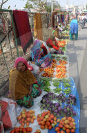 Women at village street market selling home grown vegetables laid out on sacking, Chhota Udepur, Gujarat