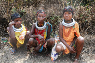 Godaba tribeswomen with traditional steel necklaces on their way home from the weekly tribal market, Onukadelli, Odisha