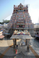 One of the ornate, carved and painted gopuram of the 11th century Brihadisvara Cholan temple, Thanjavur, Tamil Nadu