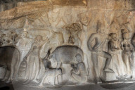 Part of beautiful 7th century rock carved in the Varaha Cave temple, depicting Hindu Lord Vishnu, Mahaballipuram, Tamil Nadu