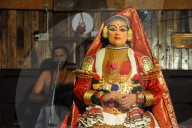 Contemporary female performer in a Kathakali dance depicting folk mythologies from the Hindu epics, Nilambur, Kerala